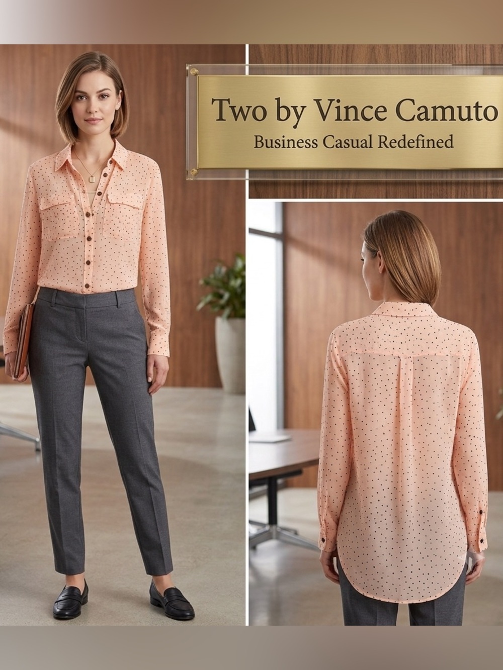 Two by Vince Camuto Sheer Pink Black Dots Button Up Blouse Extra Small